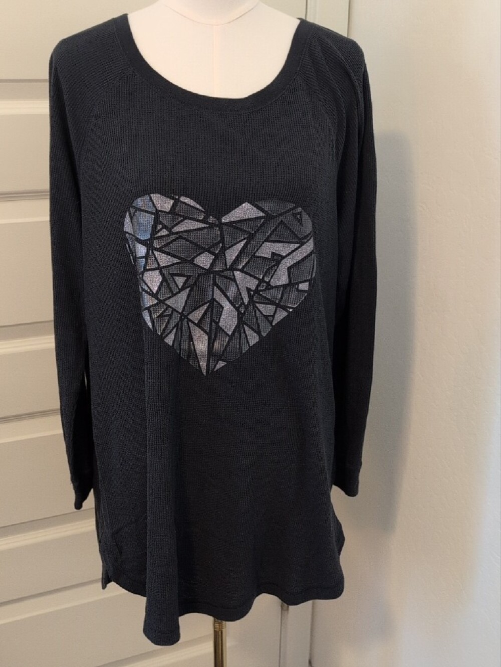 XHILARATION Nightgown Gray Thermal Silver Metallic Graphic Heart Size XL